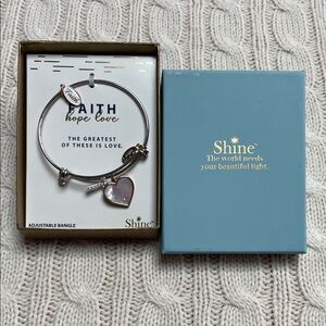 NWT Shine 'Faith Hope Love' Adjustable Bangle with Pink Heart Charm